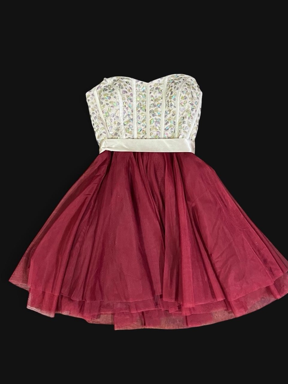 Teeze Me Strapless Ivory Beaded Bodice with Burgundy Tulle Skirt Dress